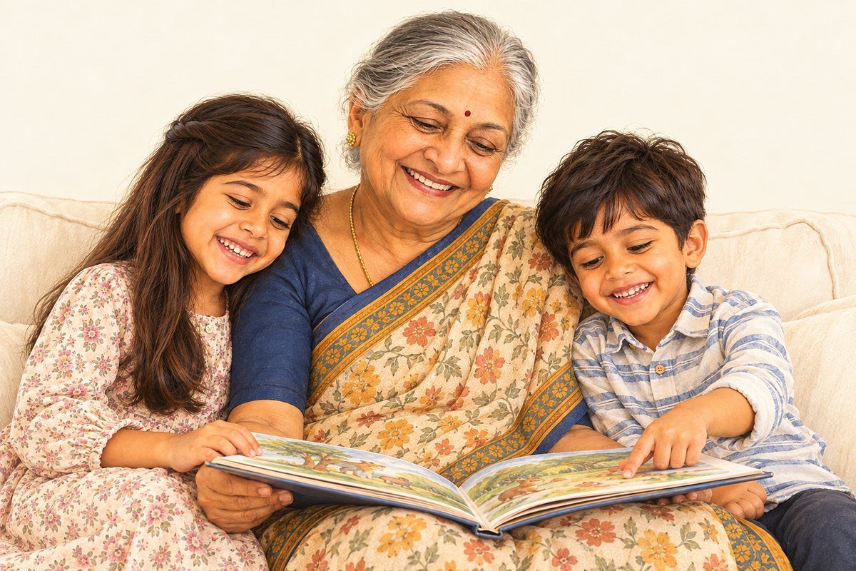 A grandmother on a sofa reading a picture book with her granddaughter and grandson, all smiling